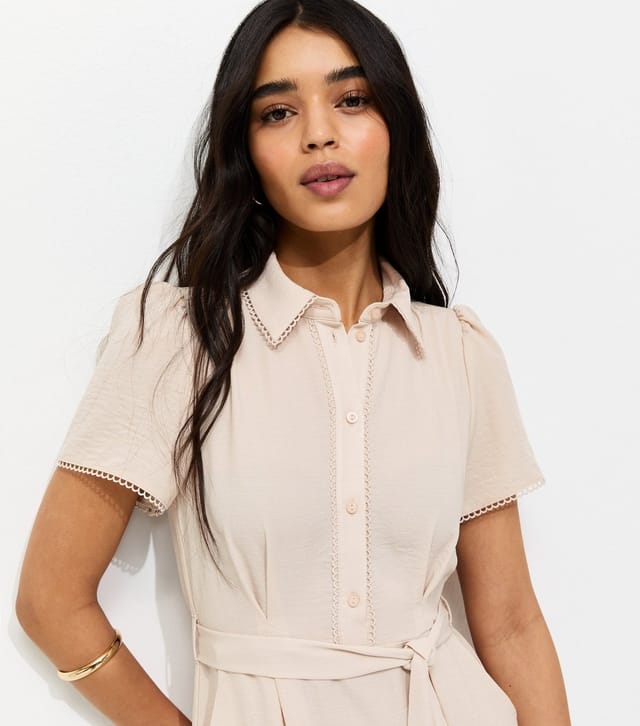 New Look Women's Stone Frill Trim Short Sleeve Shirt Midi Dress New Look - 2