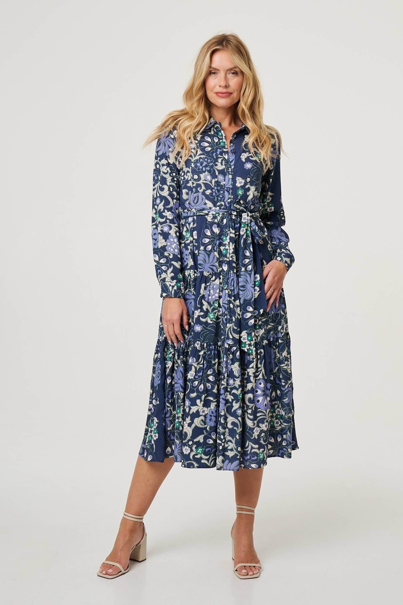 Izabel London Izabel London Women's Floral Tie Waist Tiered Midi Dress in Blue