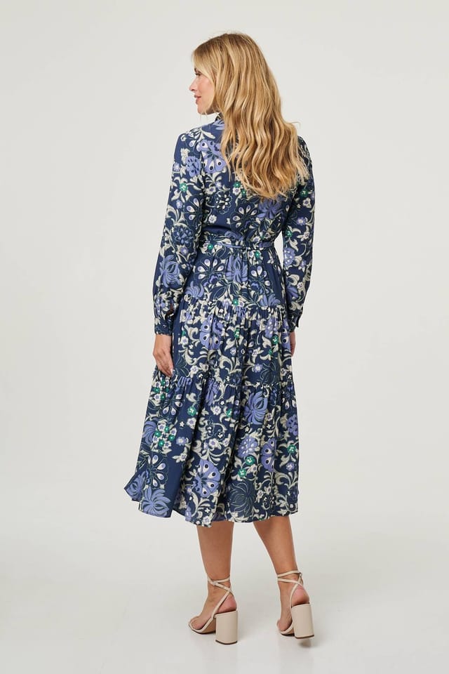 Izabel London Izabel London Women's Floral Tie Waist Tiered Midi Dress in Blue - 2
