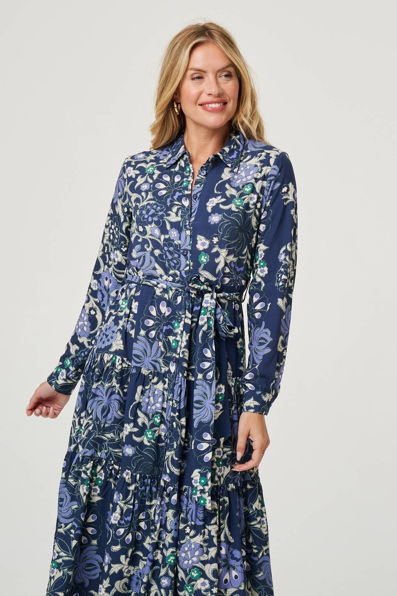 Izabel London Izabel London Women's Floral Tie Waist Tiered Midi Dress in Blue - 4