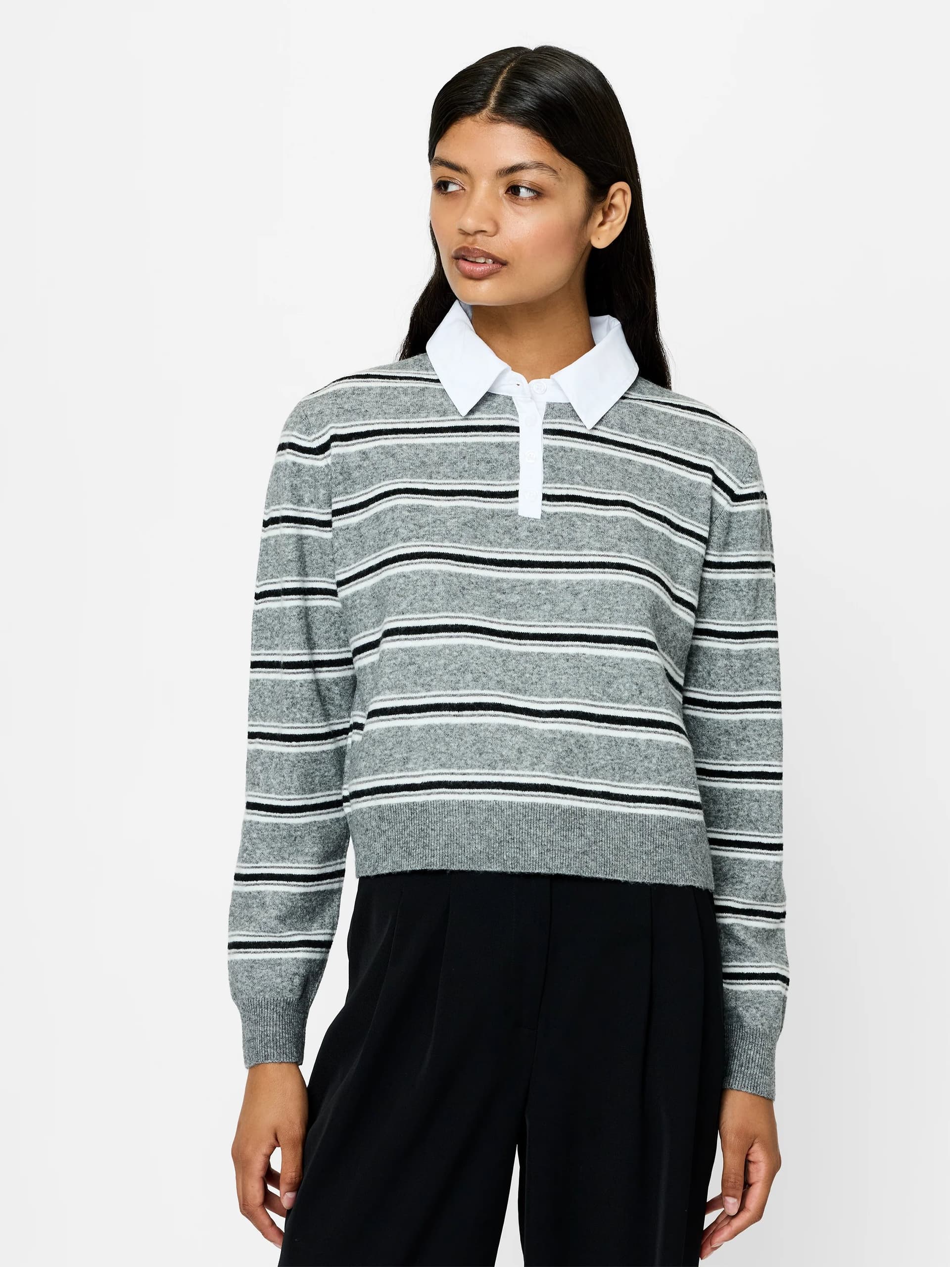 French Connection Yulina Grey Striped Knit Polo Jumper Contrast Grey