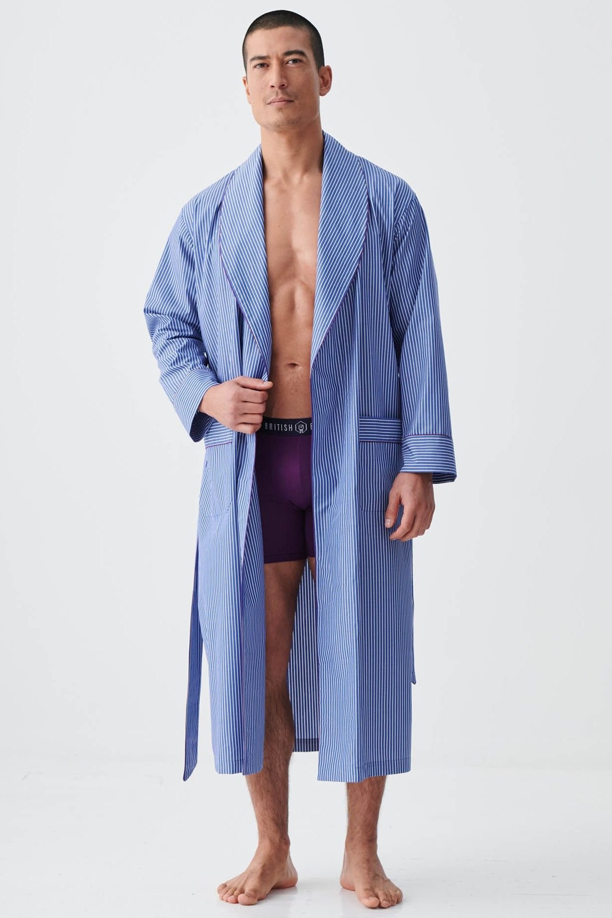 British Boxers British Boxers Men's "Stowe Prussian Blue & White Stripe" Crisp Cotton Dressing Gown in Navy - 2