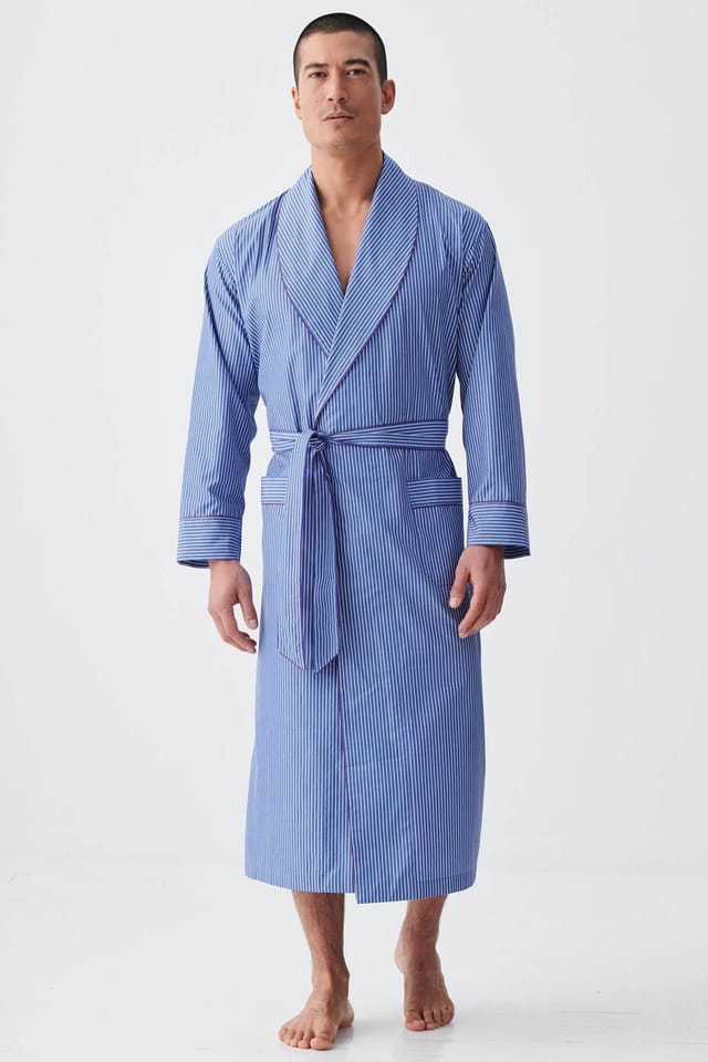 British Boxers British Boxers Men's "Stowe Prussian Blue & White Stripe" Crisp Cotton Dressing Gown in Navy - 2