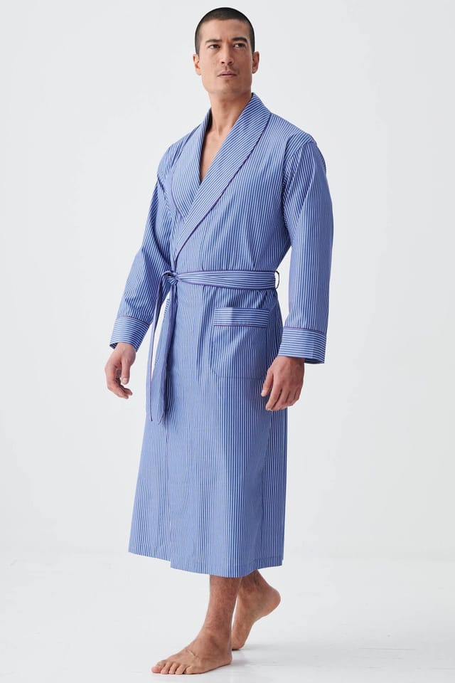 British Boxers British Boxers Men's "Stowe Prussian Blue & White Stripe" Crisp Cotton Dressing Gown in Navy - 3