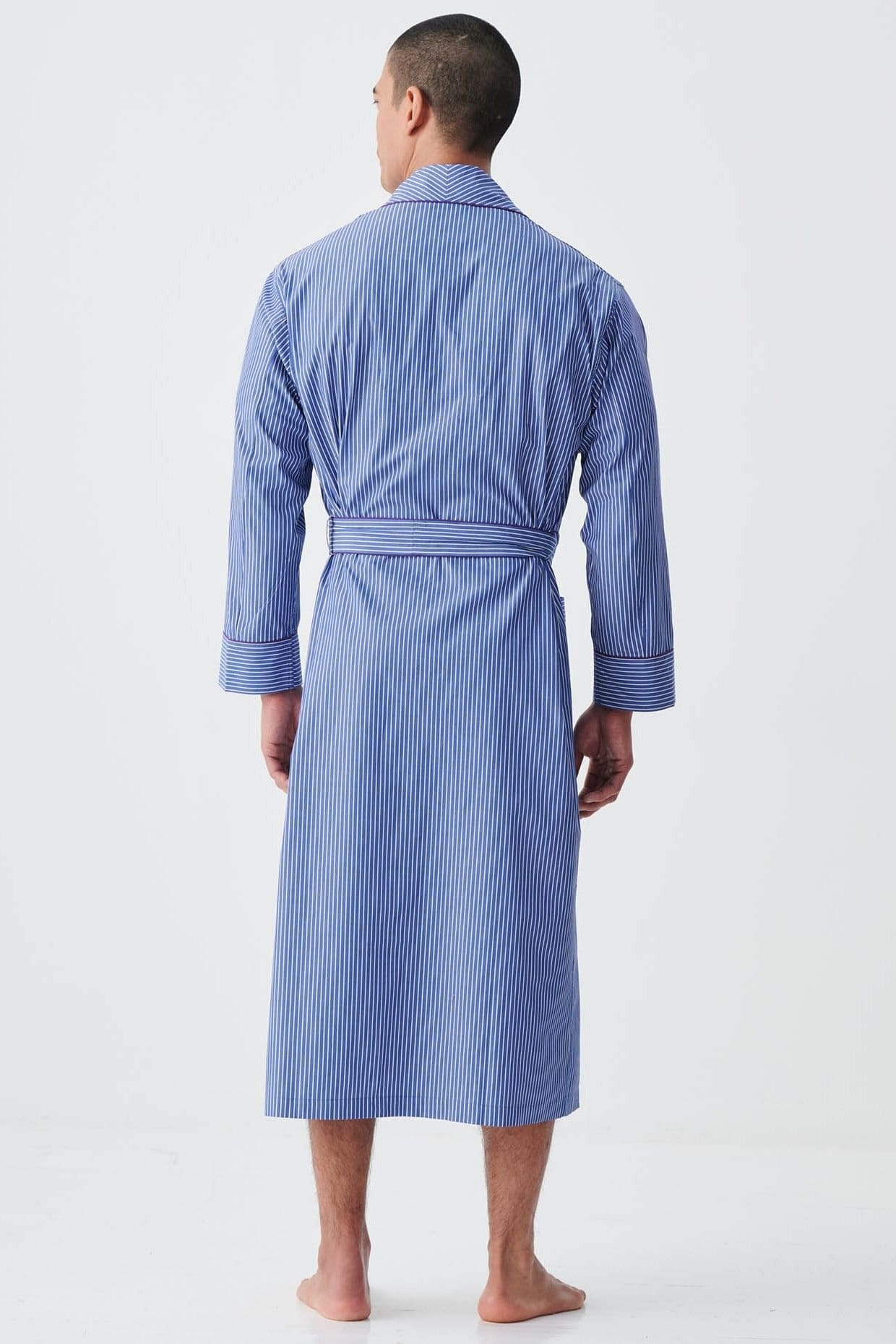 British Boxers British Boxers Men's "Stowe Prussian Blue & White Stripe" Crisp Cotton Dressing Gown in Navy - 4