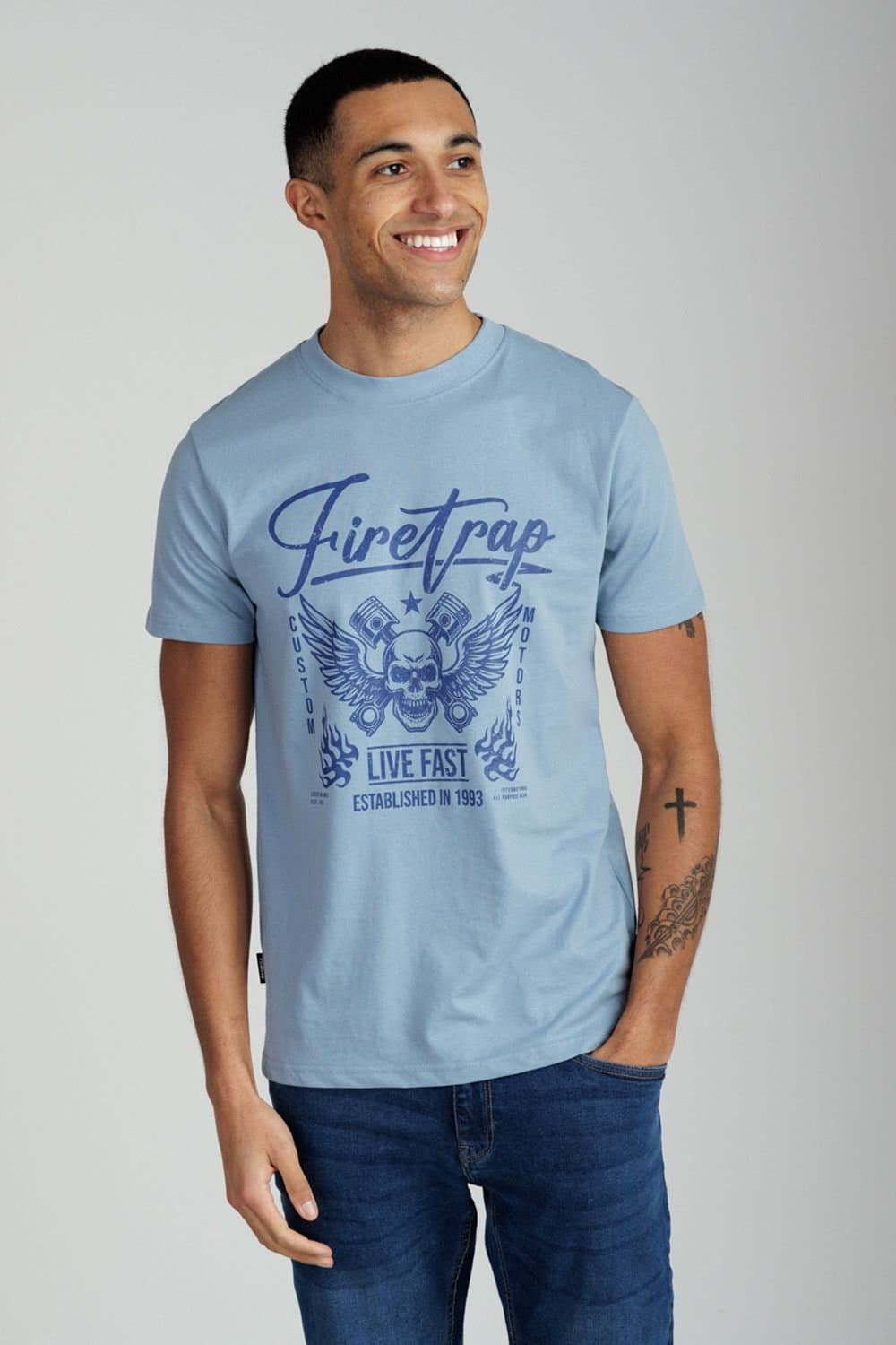 Firetrap Firetrap Men's Regular Fit Cotton Graphic Crew T-Shirt in Light Blue