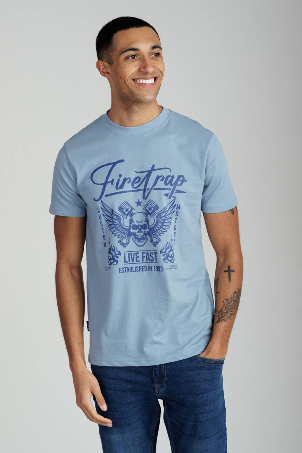Firetrap Firetrap Men's Regular Fit Cotton Graphic Crew T-Shirt in Light Blue - 2