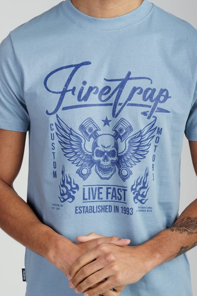 Firetrap Firetrap Men's Regular Fit Cotton Graphic Crew T-Shirt in Light Blue - 3