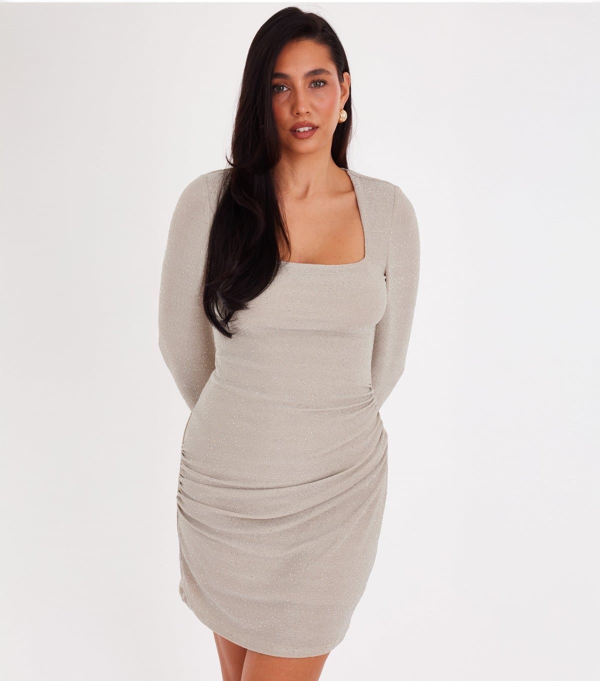 Quiz Women's Champagne Diamante Long Sleeve Mini Dress Quiz New Look