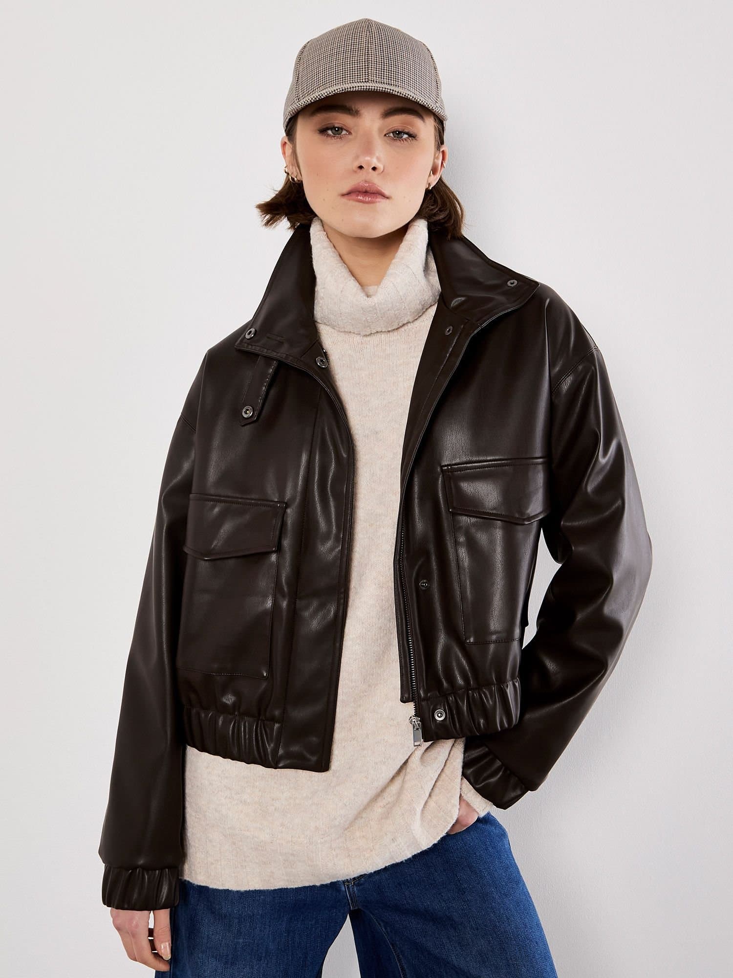 Apricot Apricot Women's Faux Leather Bomber Jacket in Brown