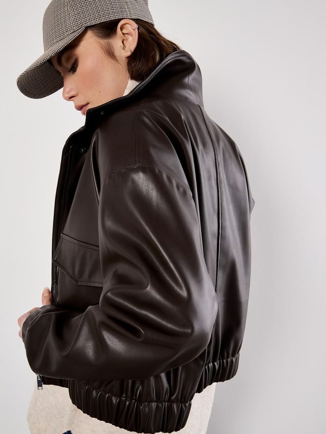 Apricot Apricot Women's Faux Leather Bomber Jacket in Brown - 3