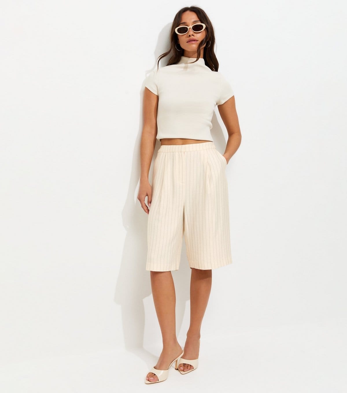 New Look Cream Pinstripe Tailored Jort Shorts