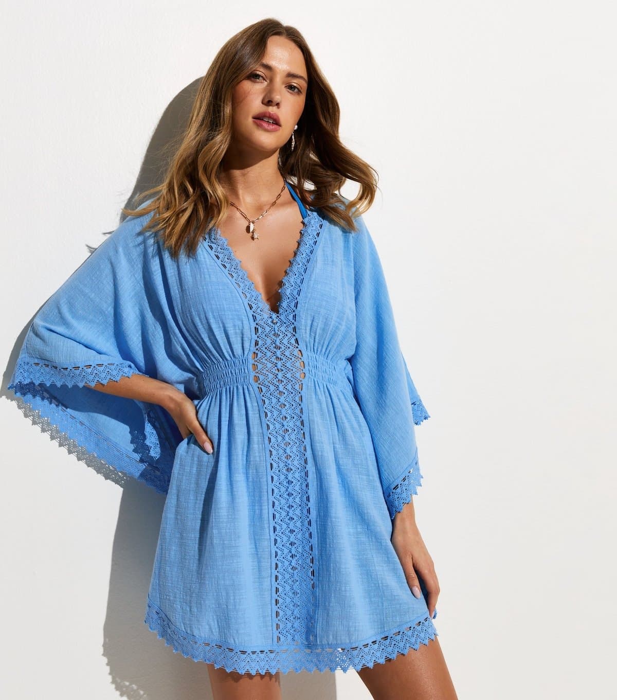 New Look Women's Light Blue Cotton Crochet Trim Beach Kaftan Dress New Look