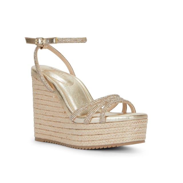 MALOW LONDON MALOW LONDON Women's Ava Wedge Sandals Buckle Strap PU Open Toe Wedge Heel Shoes in Gold - 3