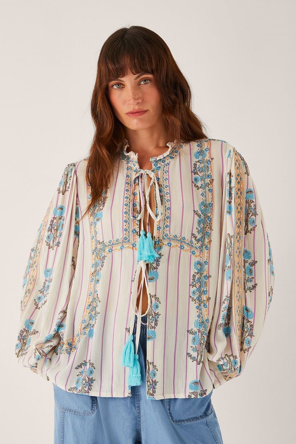 Monsoon Monsoon Women's Elora Floral Stripe Tie Blouse Ivory