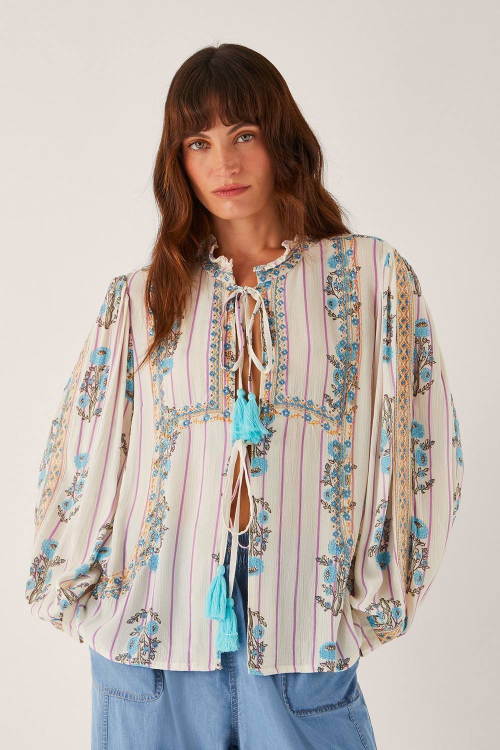 Monsoon Monsoon Women's Elora Floral Stripe Tie Blouse Ivory - 2