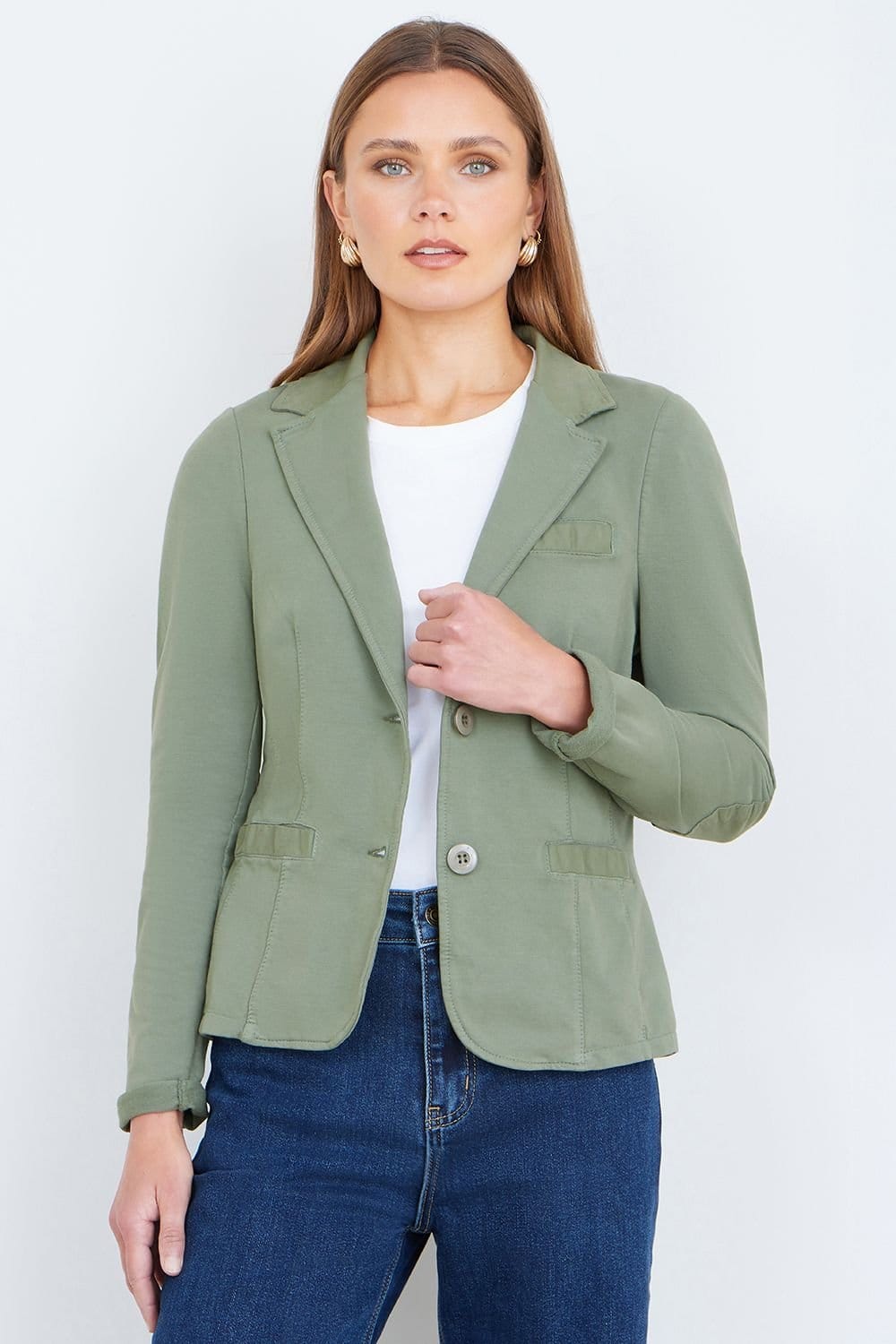 Yumi Women's Green Stretch Cotton Blazer in Khaki