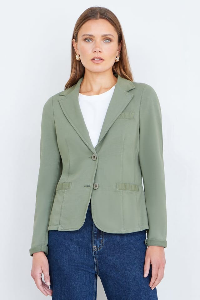 Yumi Yumi Women's Green Stretch Cotton Blazer in Khaki - 2