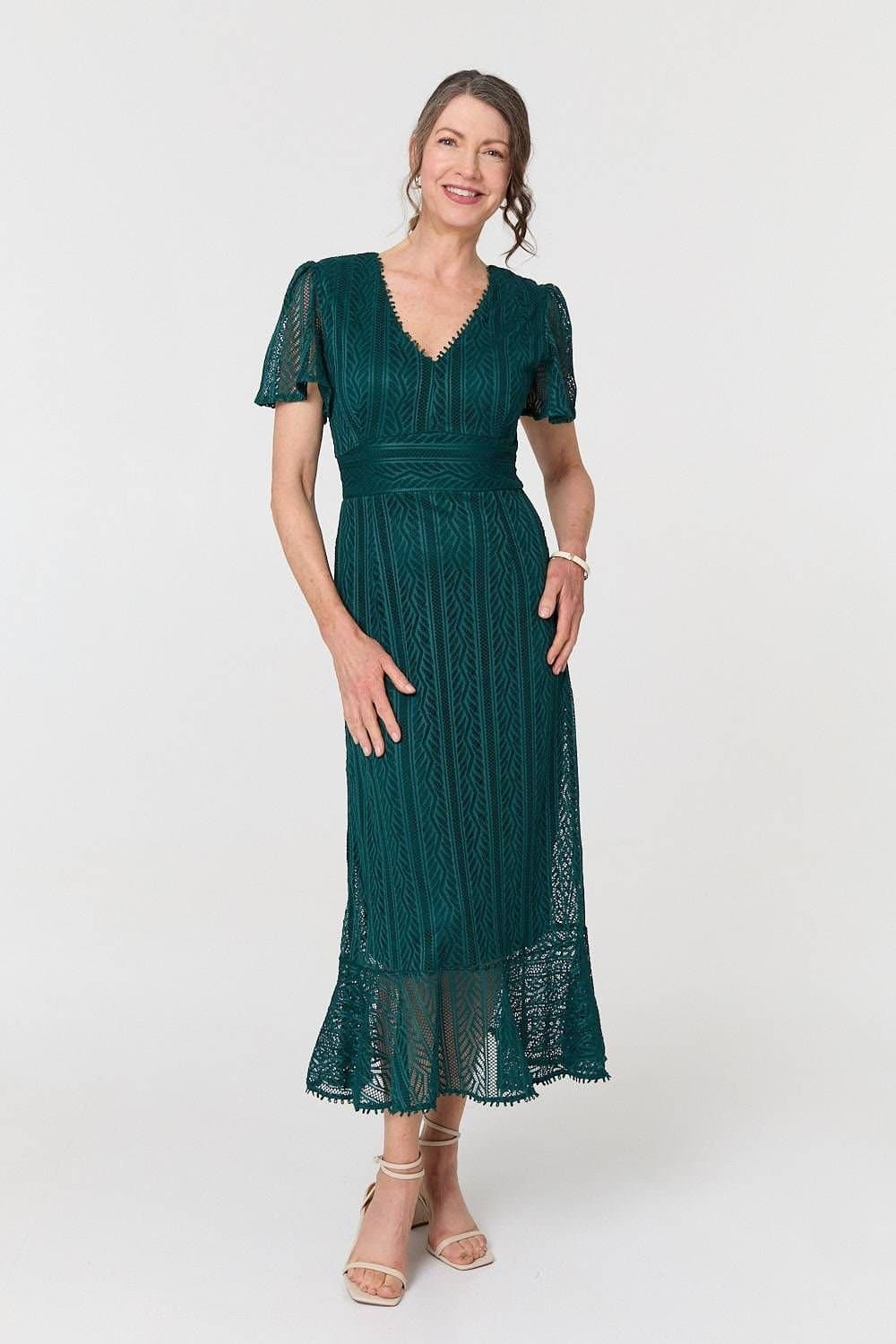 Izabel London Izabel London Women's Lace Layered Short Sleeve Midi Dress in Green