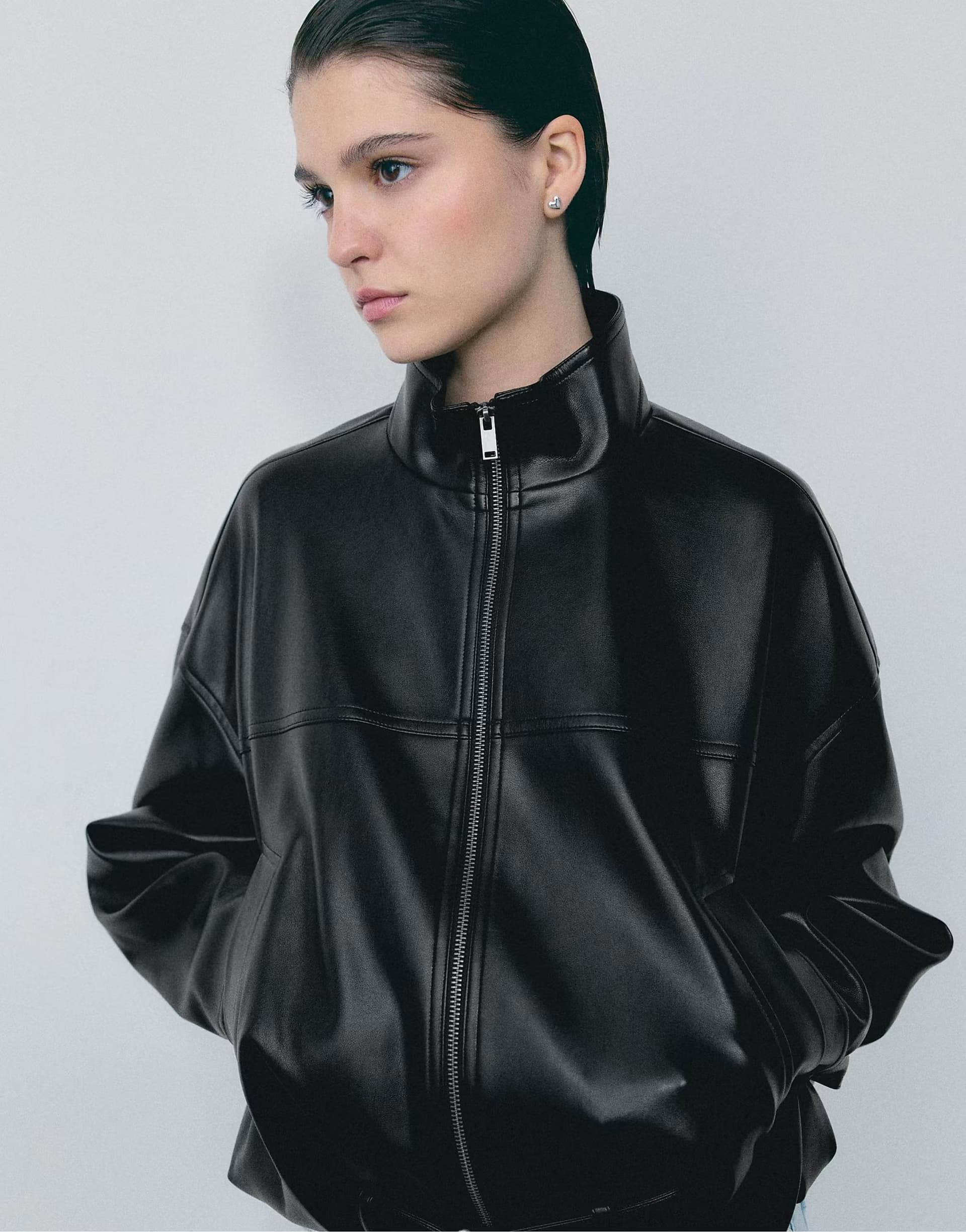 ASOS Stradivarius Leather effect balloon jacket with belt in black