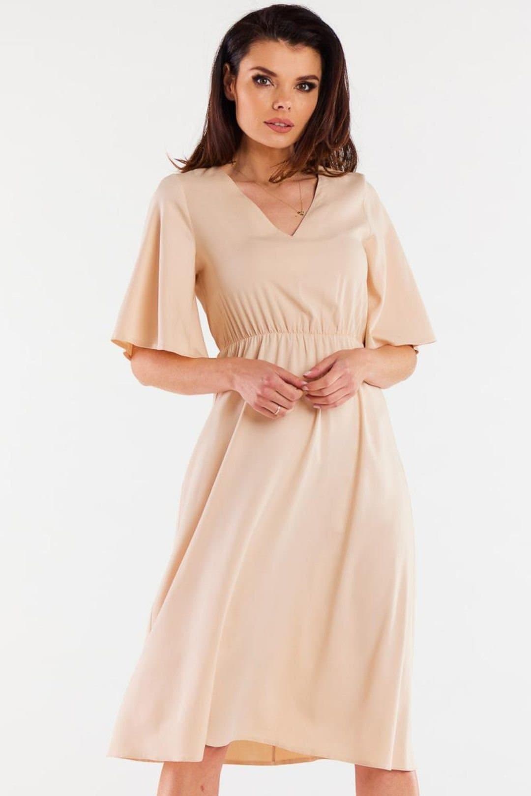 Love Lace Love Lace Women's Viscose Elastic Waist Wide Sleeve Dress in Beige