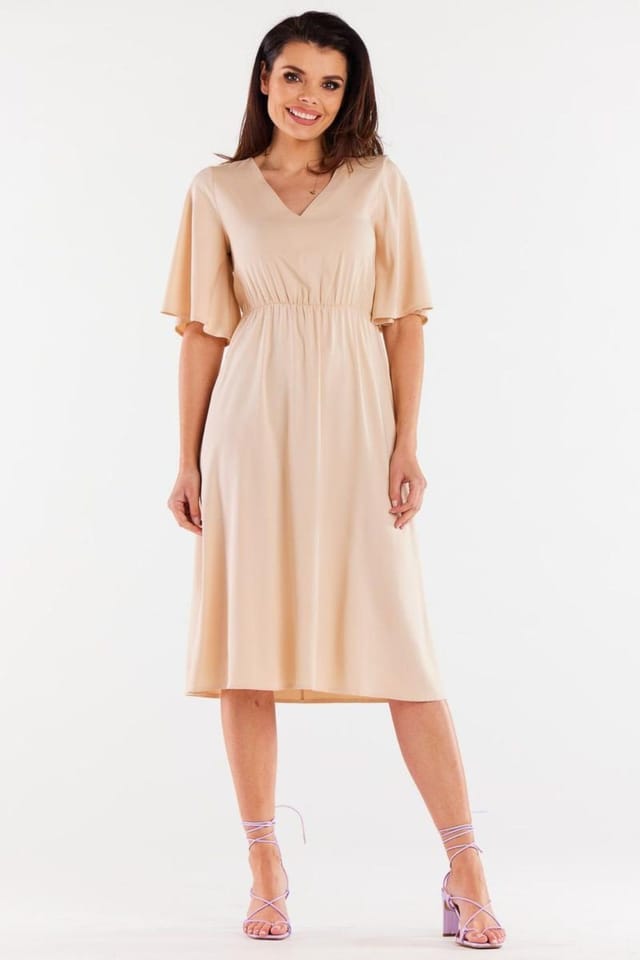 Love Lace Love Lace Women's Viscose Elastic Waist Wide Sleeve Dress in Beige - 2