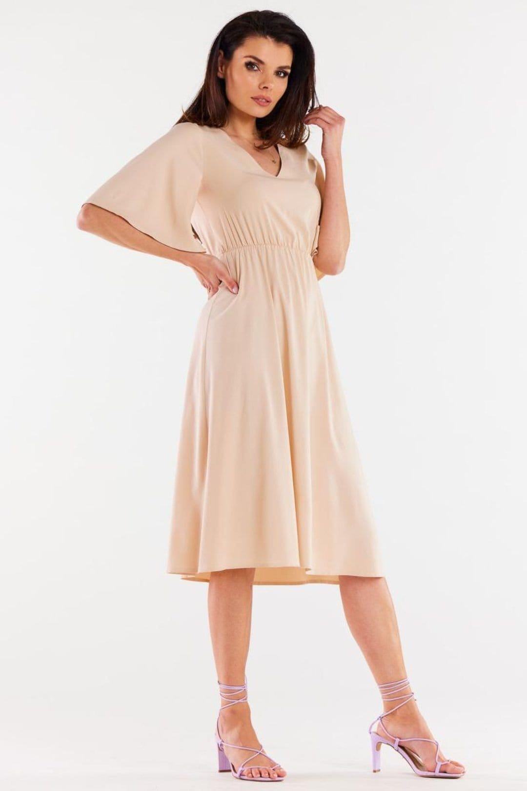 Love Lace Love Lace Women's Viscose Elastic Waist Wide Sleeve Dress in Beige - 4