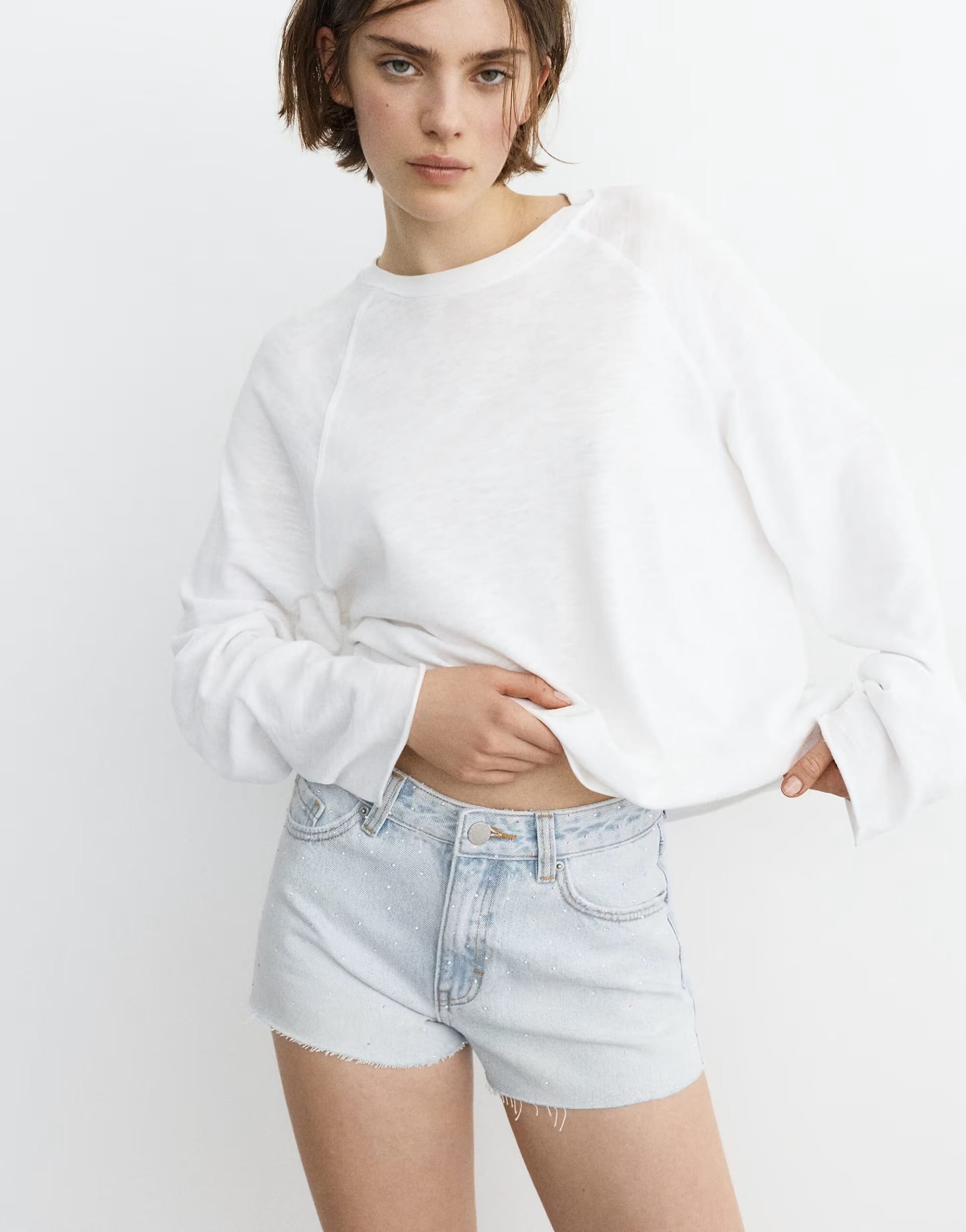 ASOS Pale Blue Rhinestone Denim Mid-Waist Shorts