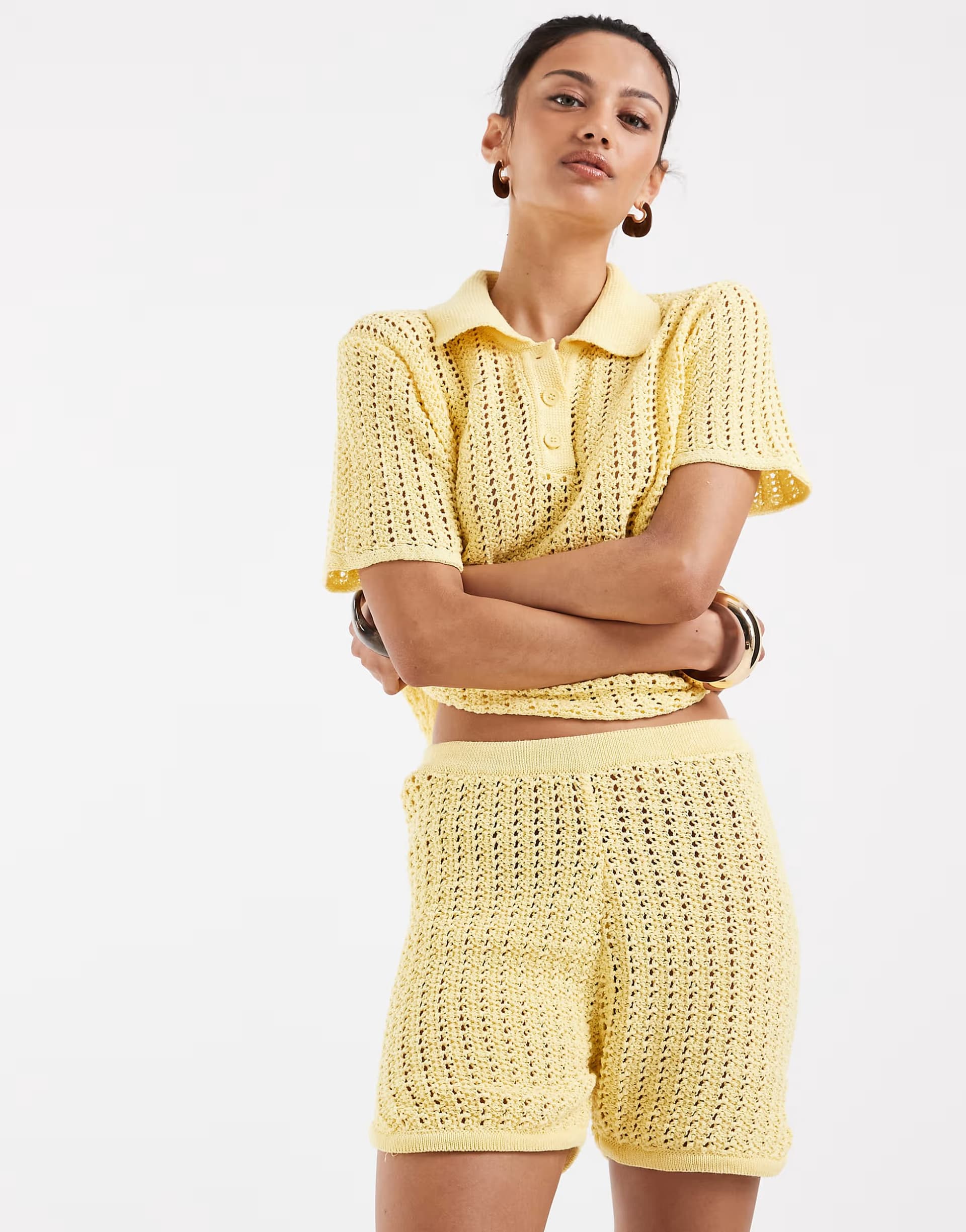 ASOS ASOS DESIGN knitted crochet micro short co-ord in buttermilk yellow