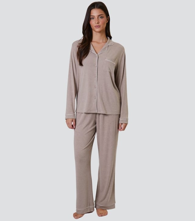 Loungeable Women's Oatmeal Ribbed Shirt and Trousers Pyjama Set Loungeable New Look - 3