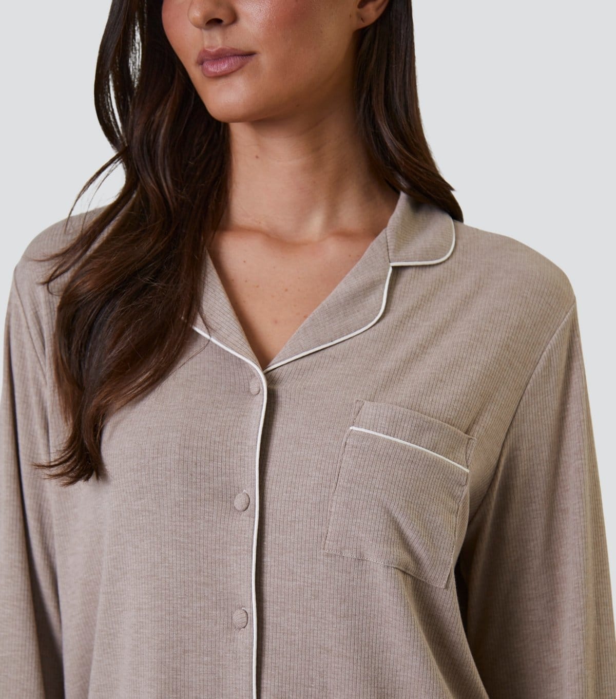 Loungeable Women's Oatmeal Ribbed Shirt and Trousers Pyjama Set Loungeable New Look - 4