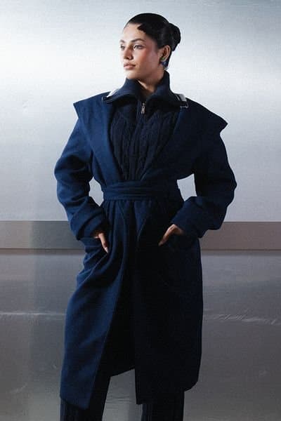 Zafosh Zafosh Women's Hooded Wool Blend Relaxed Fit Belted Over coat in Navy