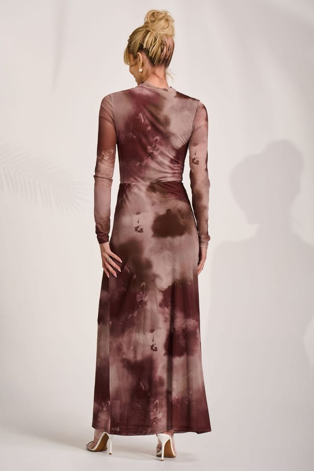 Jolie Moi Jolie Moi Women's High Neck Long Sleeve Mesh Maxi Dress in Brown - 2