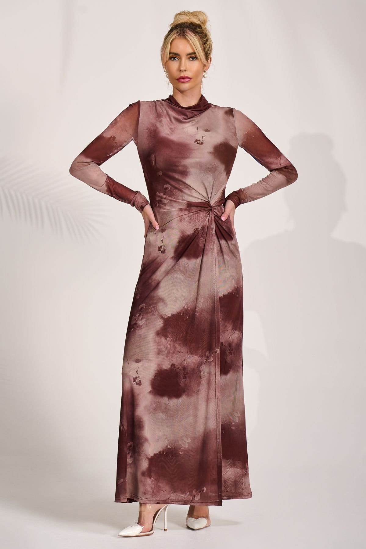 Jolie Moi Jolie Moi Women's High Neck Long Sleeve Mesh Maxi Dress in Brown - 4