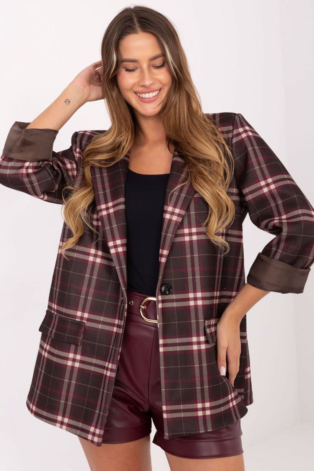 Love Lace Love Lace Women's Stylish Checked Blazer for Work & Everyday in Brown