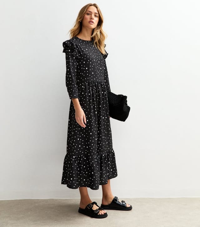 Urban Bliss Women's Black Polka Dot Ruffle Trim Midi Dress Urban Bliss New Look - 3