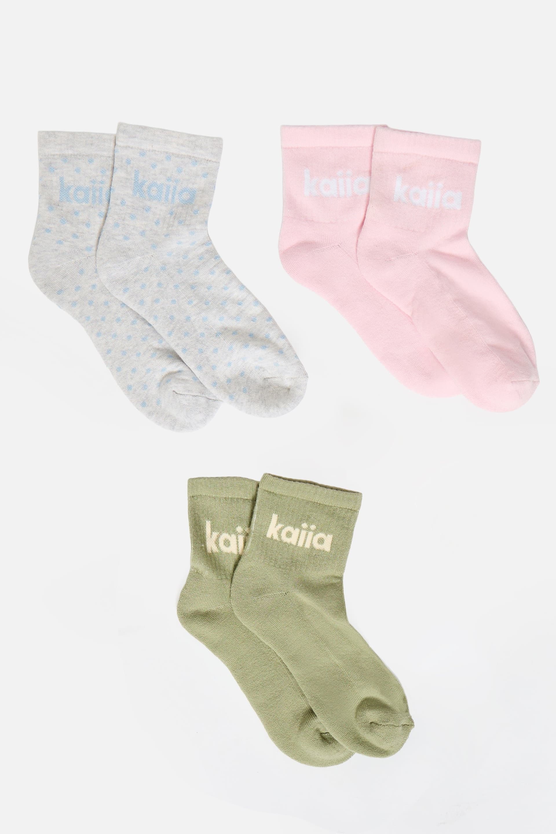 Kaiia Pack of Three Kaiia Slogan Socks Polka Dot, Sage & Pink