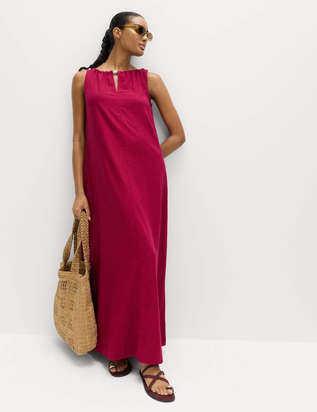 Marks & Spencer M&S Linen Rich Bead Detail Maxi Shift Dress Raspberry - 2