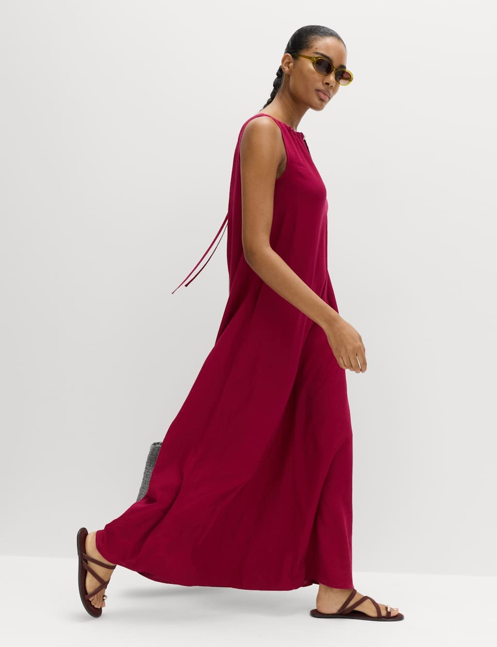 Marks & Spencer M&S Linen Rich Bead Detail Maxi Shift Dress Raspberry - 3
