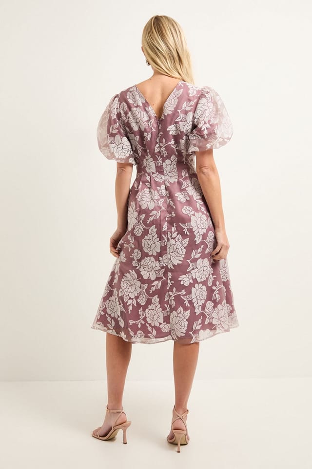 Wallis Wallis Women's Petite Floral Burn Out Puff Sleeve Midi Dress in Rose - 3