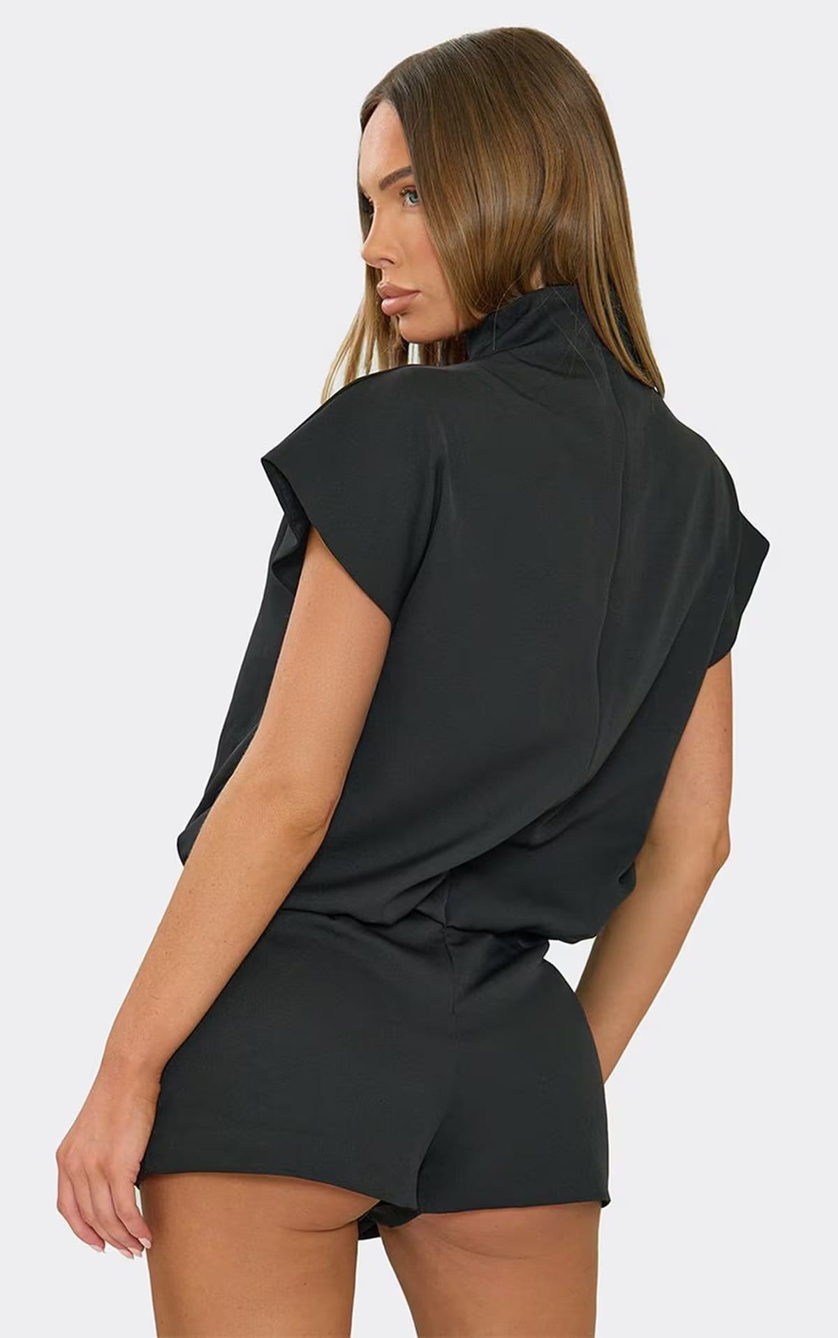 EGO Cap Sleeve Funnel Neck Tailored Playsuit In Black, Women's Size UK 6 - 1
