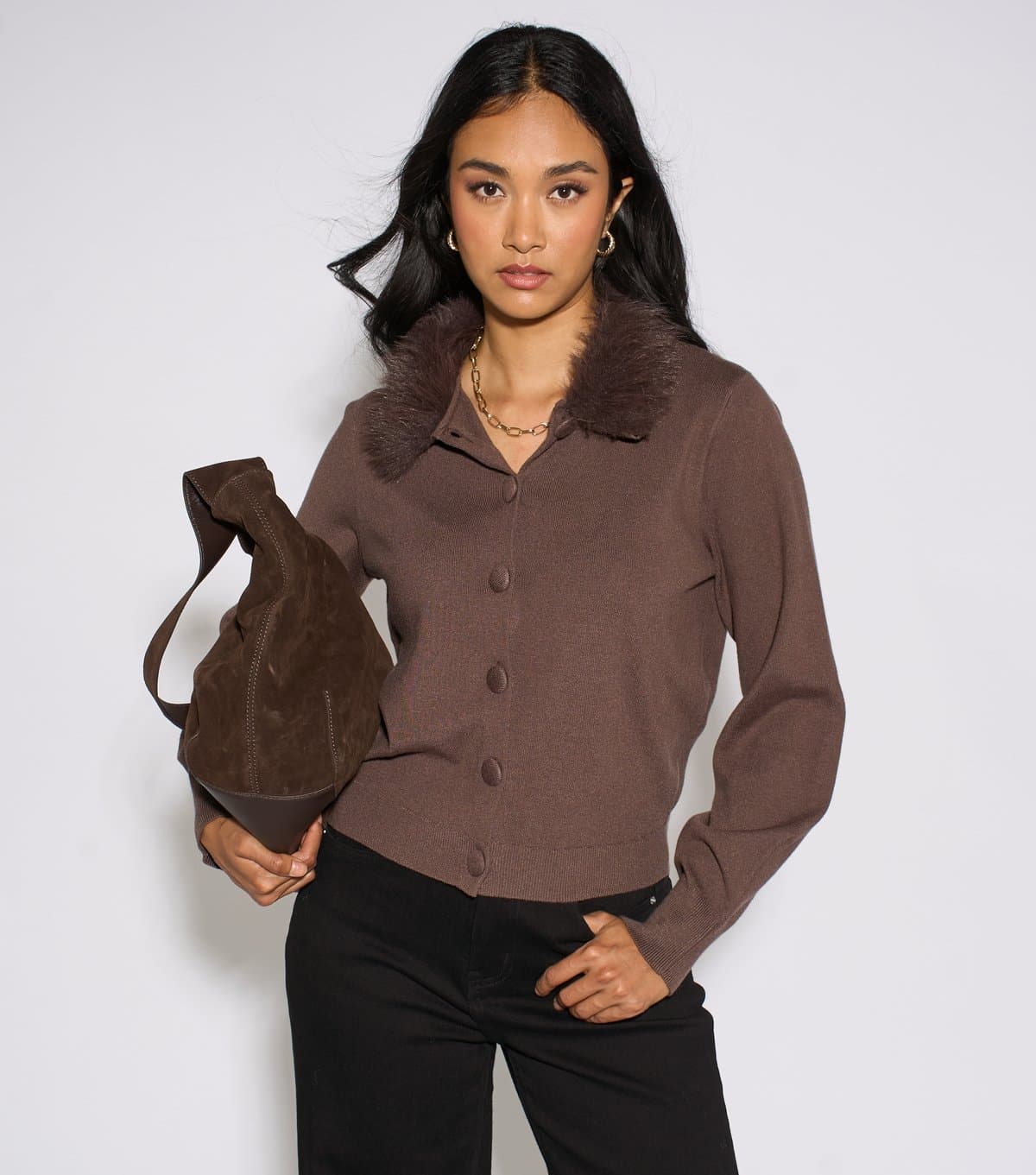 Gini London Women's Brown Faux Fur Trim Cardigan Gini London New Look
