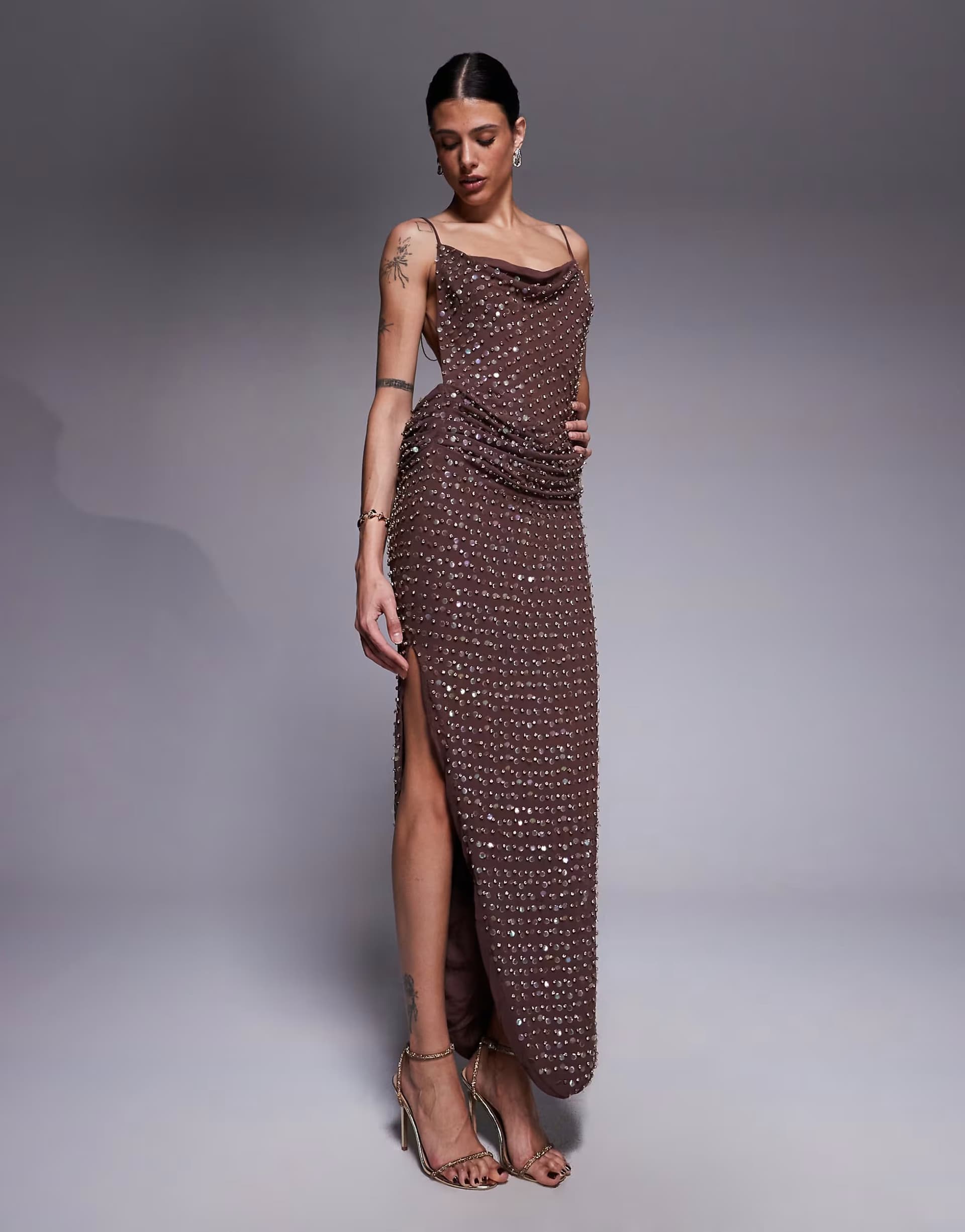 ASOS ASOS DESIGN Tall allover embellished cowl neck drape midaxi dress with chain strap detail in chocolate
