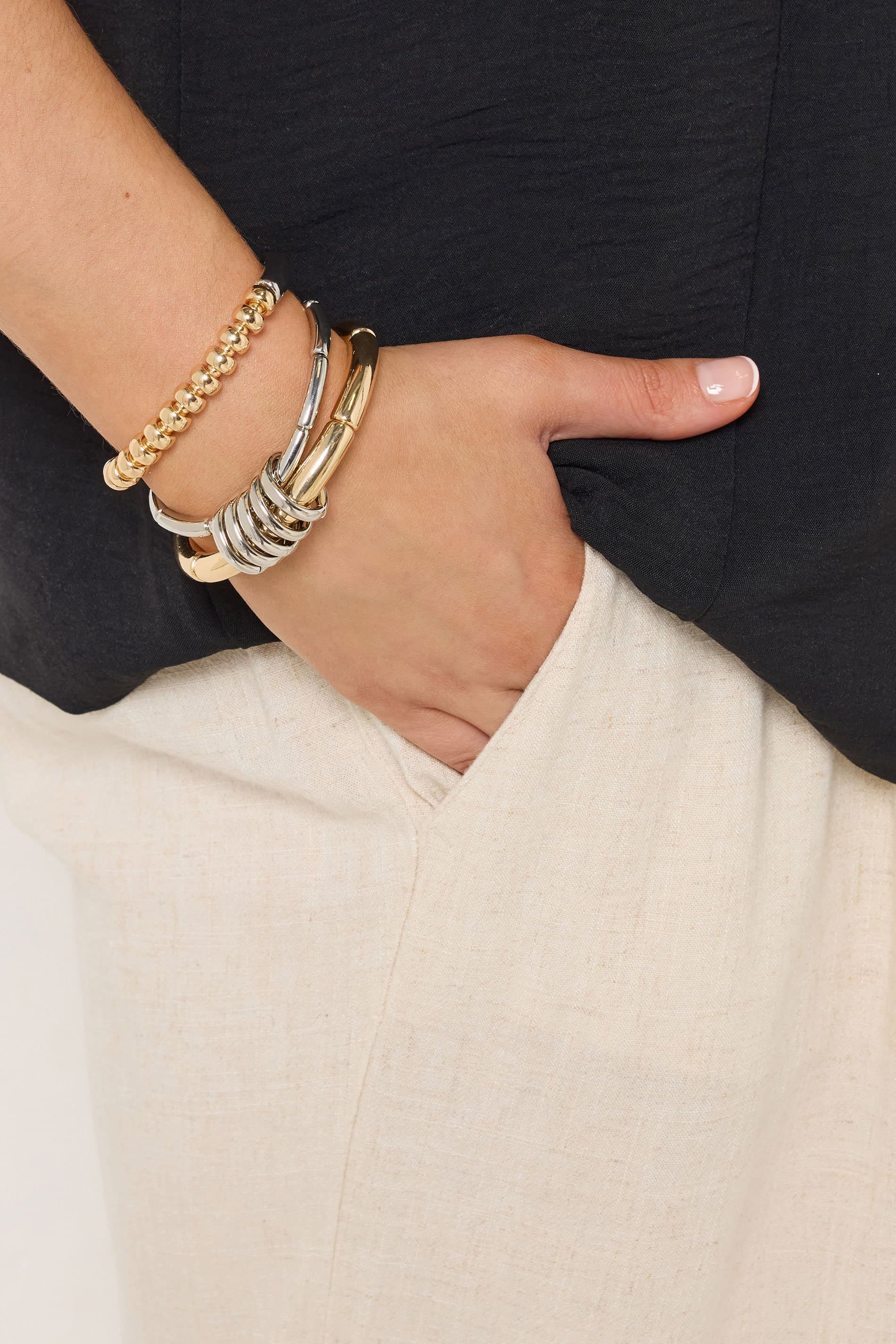 Yours 3 Pack Silver Tone Mixed Metal Stretch Bangle Set