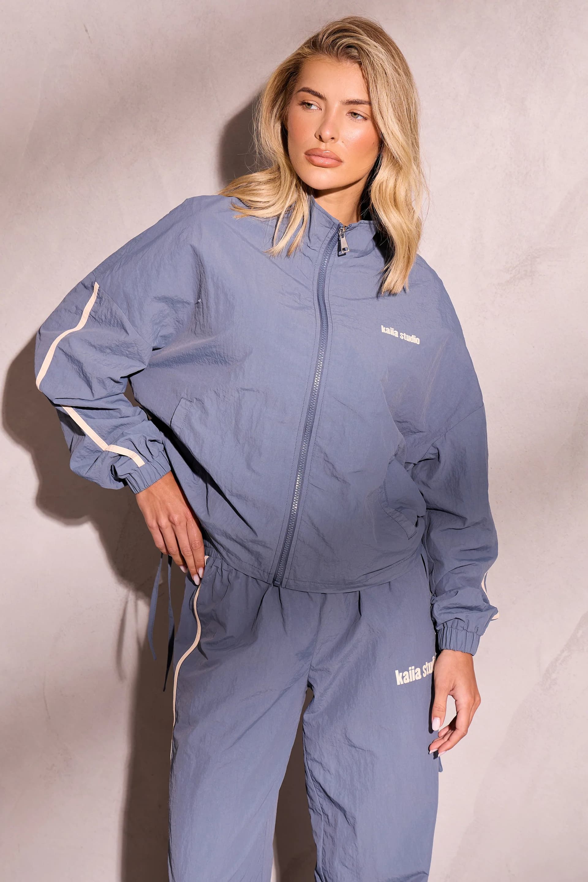 Kaiia Kaiia Woven Windbreaker Zip Up Jacket Petrol Blue & Cream