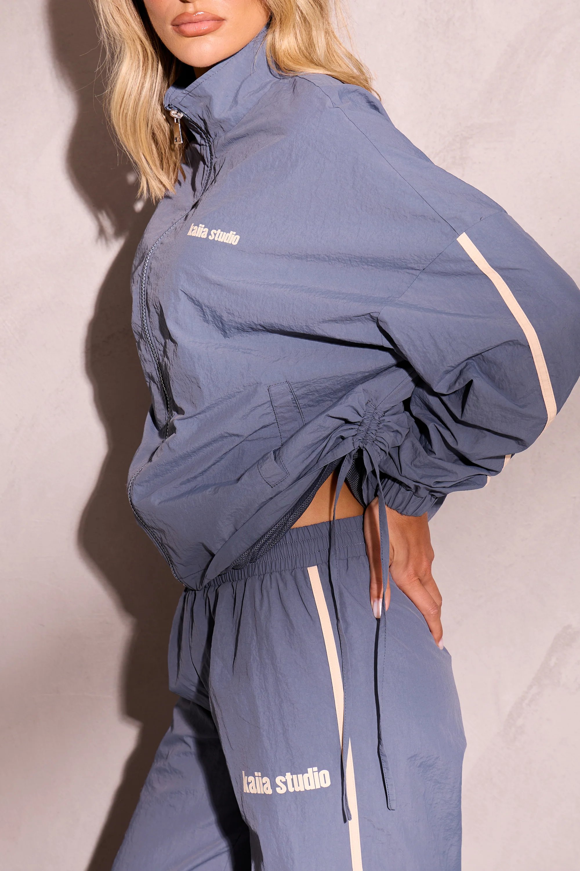 Kaiia Kaiia Woven Windbreaker Zip Up Jacket Petrol Blue & Cream - 2