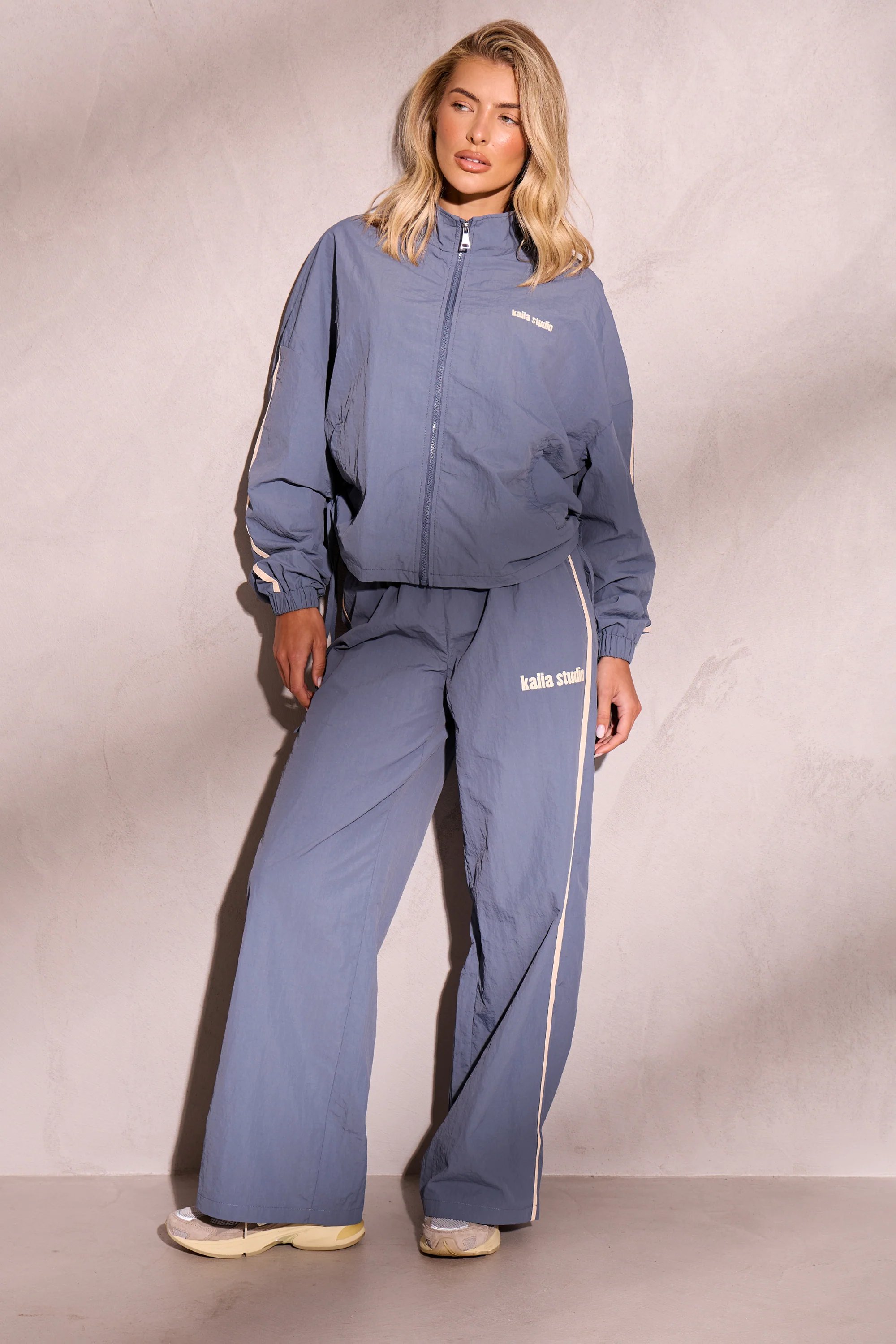 Kaiia Kaiia Woven Windbreaker Zip Up Jacket Petrol Blue & Cream - 3