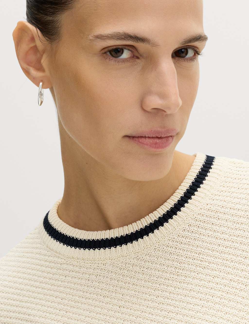 Marks & Spencer M&S Cotton Rich Tipped Detail Knitted Top Ivory Mix - 2