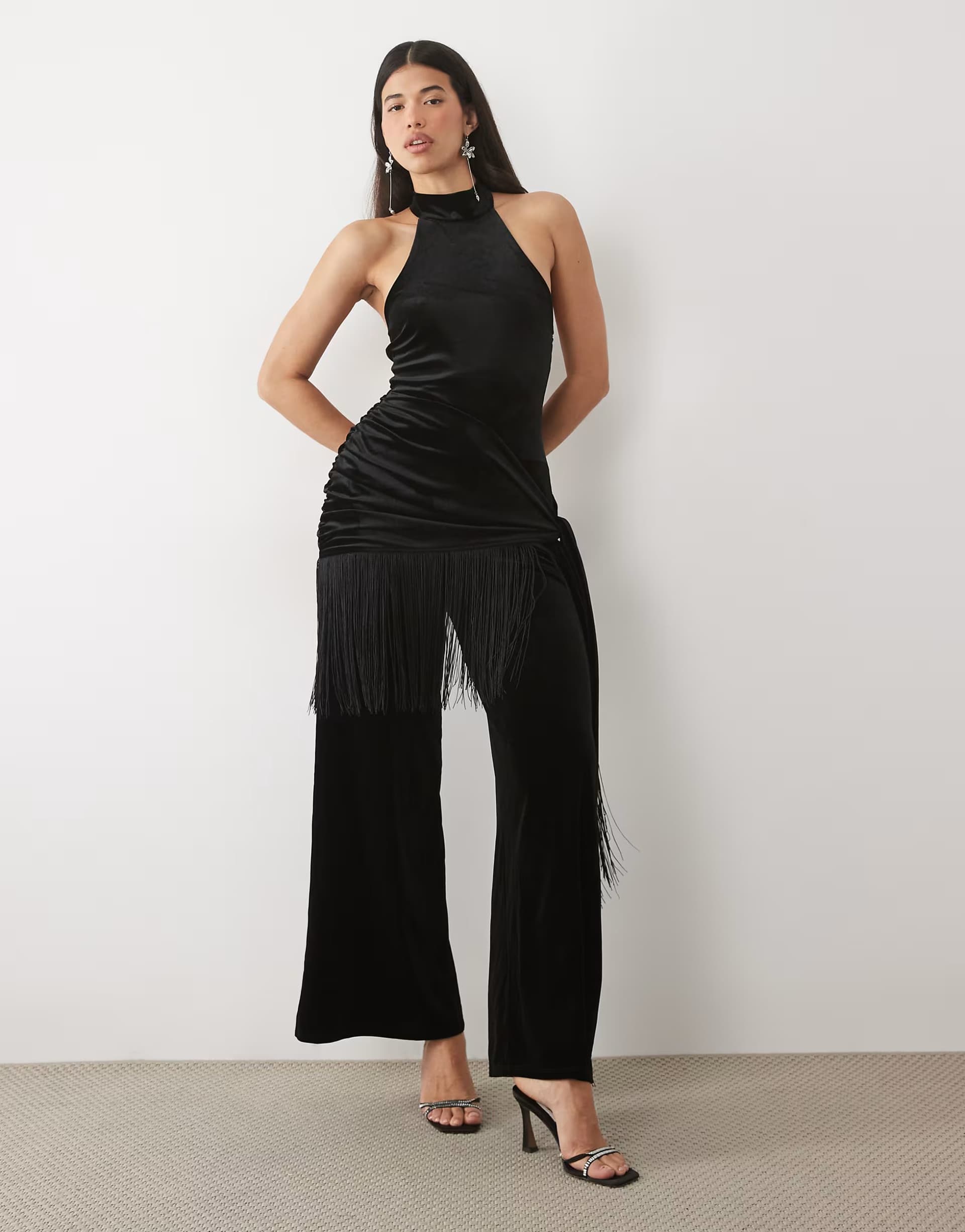 ASOS ASOS DESIGN halter neck velvet jumpsuit with fringe wrap detail in black