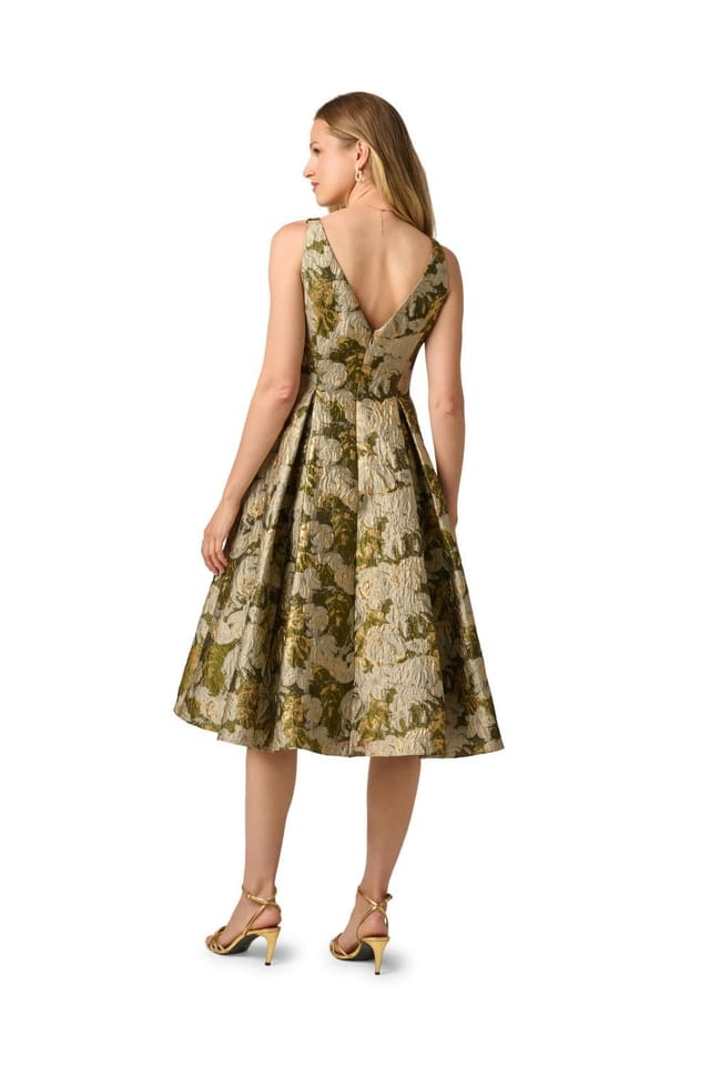 Adrianna Papell Adrianna Papell Women's Boat Neck Jacquard Midi Dress in Green - 3